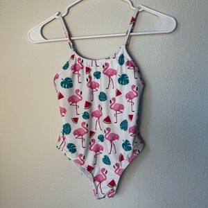 Girls Swimsuit, One piece, Bright and Fun Pink Flamingo and Leaf Print, Sz 9Y